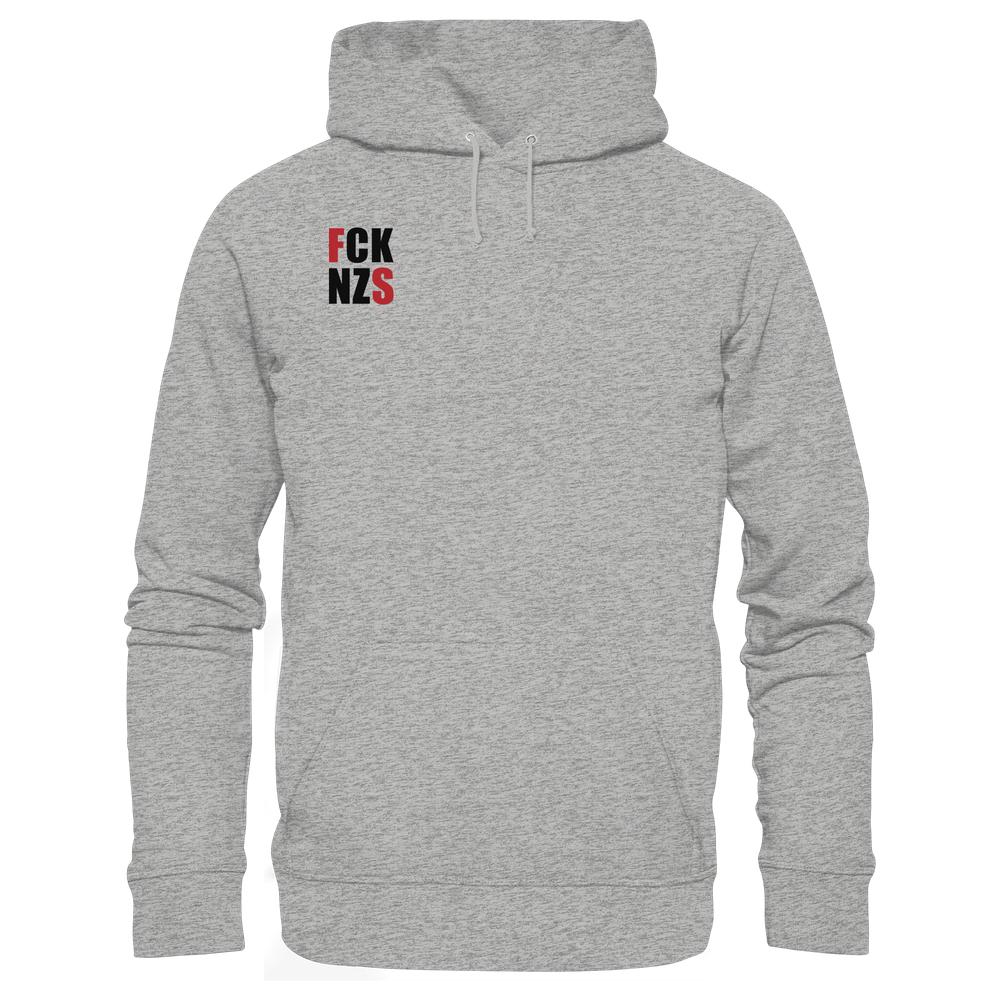 Vegan und Bio Hoodie: FCK NZS mit roten Highlights, in minimalistischer Blockschrift, Kapuze mit Kordel, Kängurutasche, aus Bio-Baumwolle und recyceltem Polyester gefertigt.