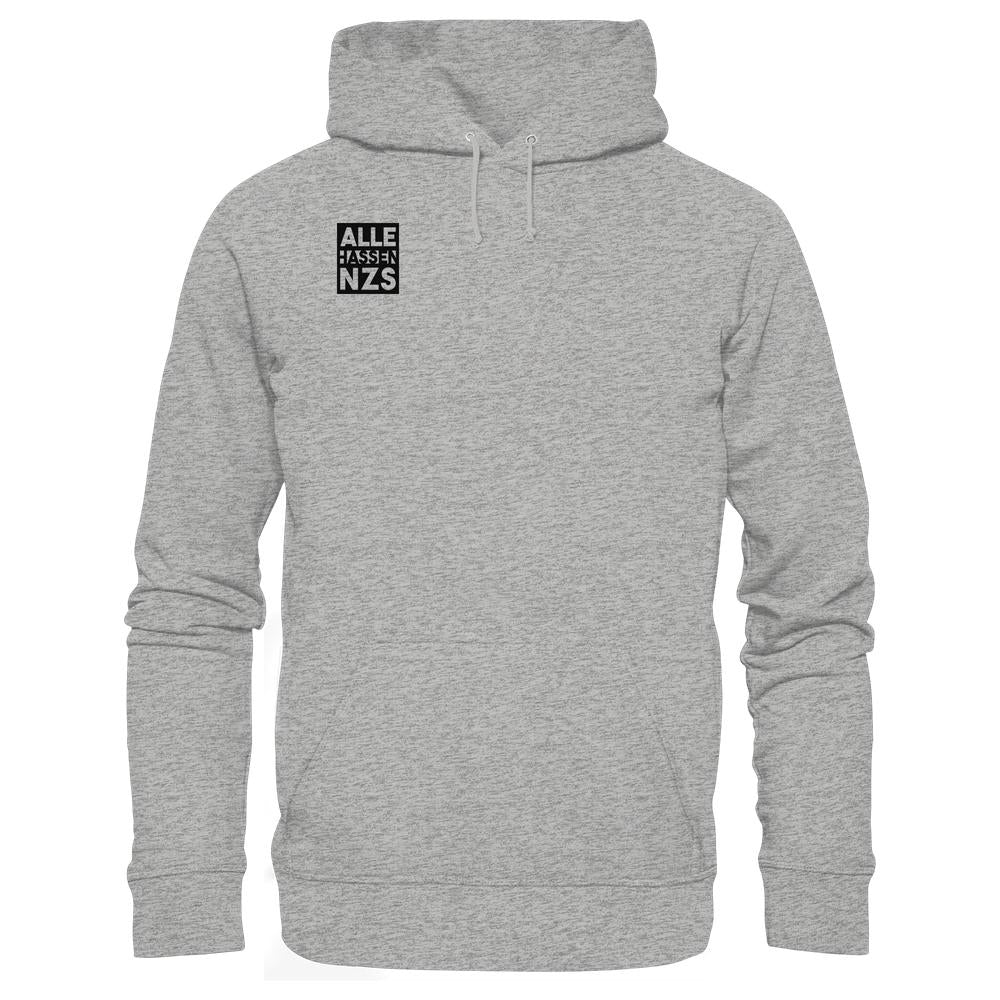 Vegan und Bio Hoodie: ALLE HASSEN NZS!, hellgrau, mit Kapuze, Kängurutasche, schwarzem Grafikdruck auf der Brust, aus Bio-Baumwolle und recyceltem Polyester, normale Passform.
