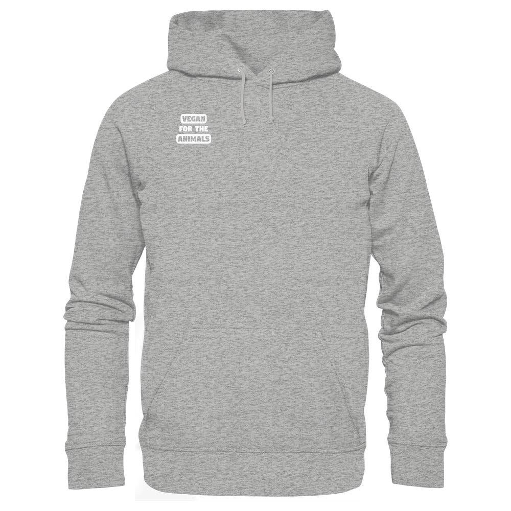 Vegan und Bio Hoodie: VEGAN FOR THE ANIMALS, hellgrauer Hoodie mit Kapuze und Kängurutasche, bedruckt mit weißem Slogan auf der Brust, betont Tierliebe und nachhaltige Materialien.