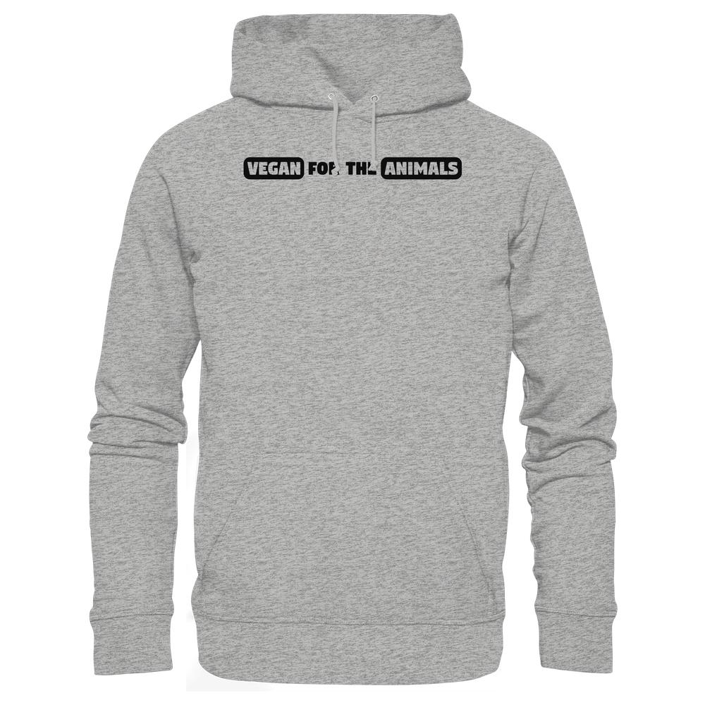 Heather-graues Hoodie mit Kängurutasche, Slogan „VEGAN FOR THE ANIMALS“ auf der Brust. Baumwoll-Polyester-Mix, normale Passform, von RUDE REBEL.