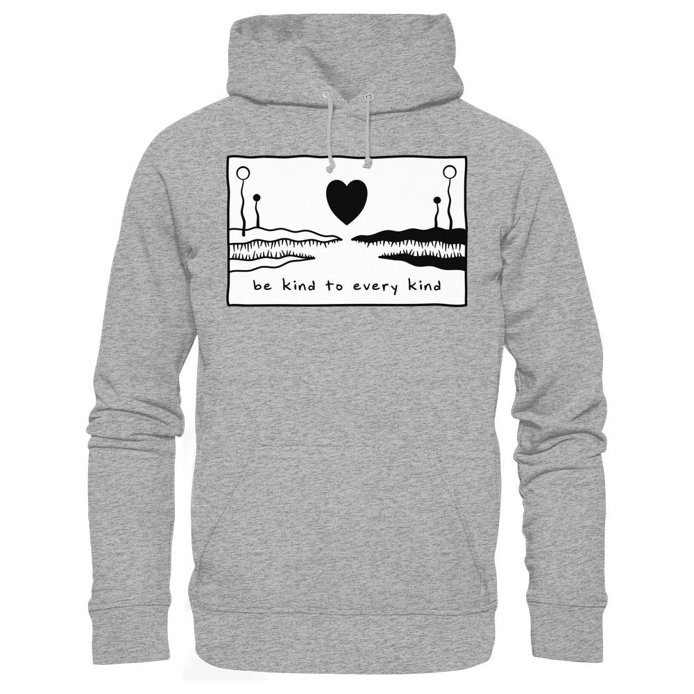 Vegan und Bio Unisex Hoodie mit schwarzem Herzmotiv und Slogan „be kind to every kind“, symbolisiert universelle Liebe und Rechte aller Wesen.