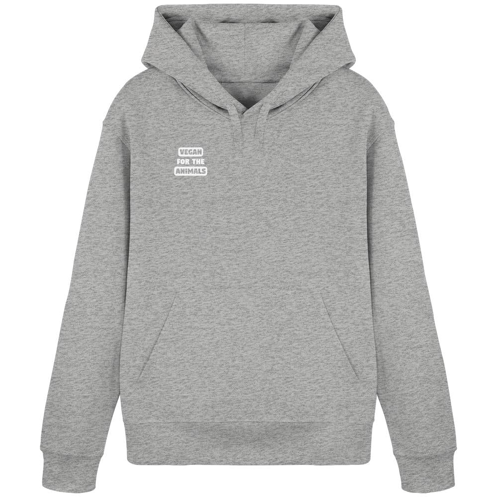 Vegan und Bio Hoodie: VEGAN FOR THE ANIMALS, hellgrau, mit Kängurutasche und Kapuze, aus Bio-Baumwolle und recyceltem Polyester, symbolisiert Tierliebe und Nachhaltigkeit.