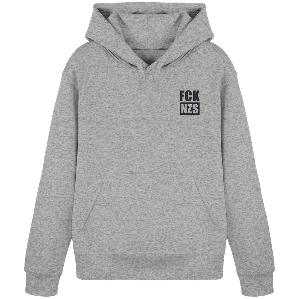 Vegan und Bio Hoodie bestickt: FCK NZS - Organic Basic Hoodie mit Kängurutasche, Kapuze, Flatlock-Steppnähten; aus Bio-Baumwolle und recyceltem Polyester, normaler Schnitt.