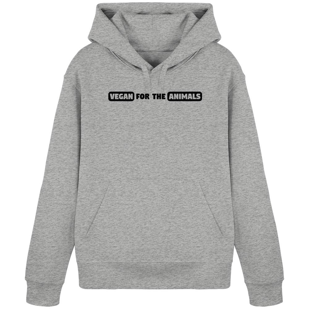 Vegan und Bio Hoodie: VEGAN FOR THE ANIMALS Edition 2, hellgrau mit Kängurutasche und Kapuze, bedruckt mit dem Slogan VEGAN FOR THE ANIMALS in schwarzer Schrift.