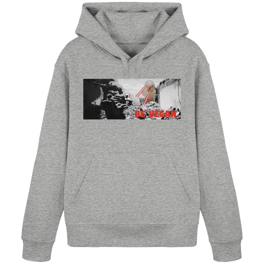Vegan und Bio Hoodie: BE VEGAN. - Angry bird, zeigt eine Grafik mit Atompilz und BE VEGAN-Slogan, aus Bio-Baumwolle und recyceltem Polyester, rebellisch und nachhaltig.