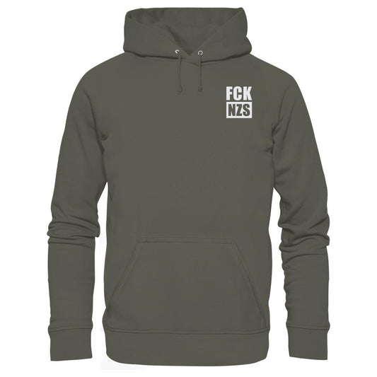 Vegan und Bio Hoodie bestickt: FCK NZS - Organic Basic Hoodie mit Kängurutasche und Kapuze, rebellisches Statement gegen Rechts, aus nachhaltigen Materialien gefertigt.