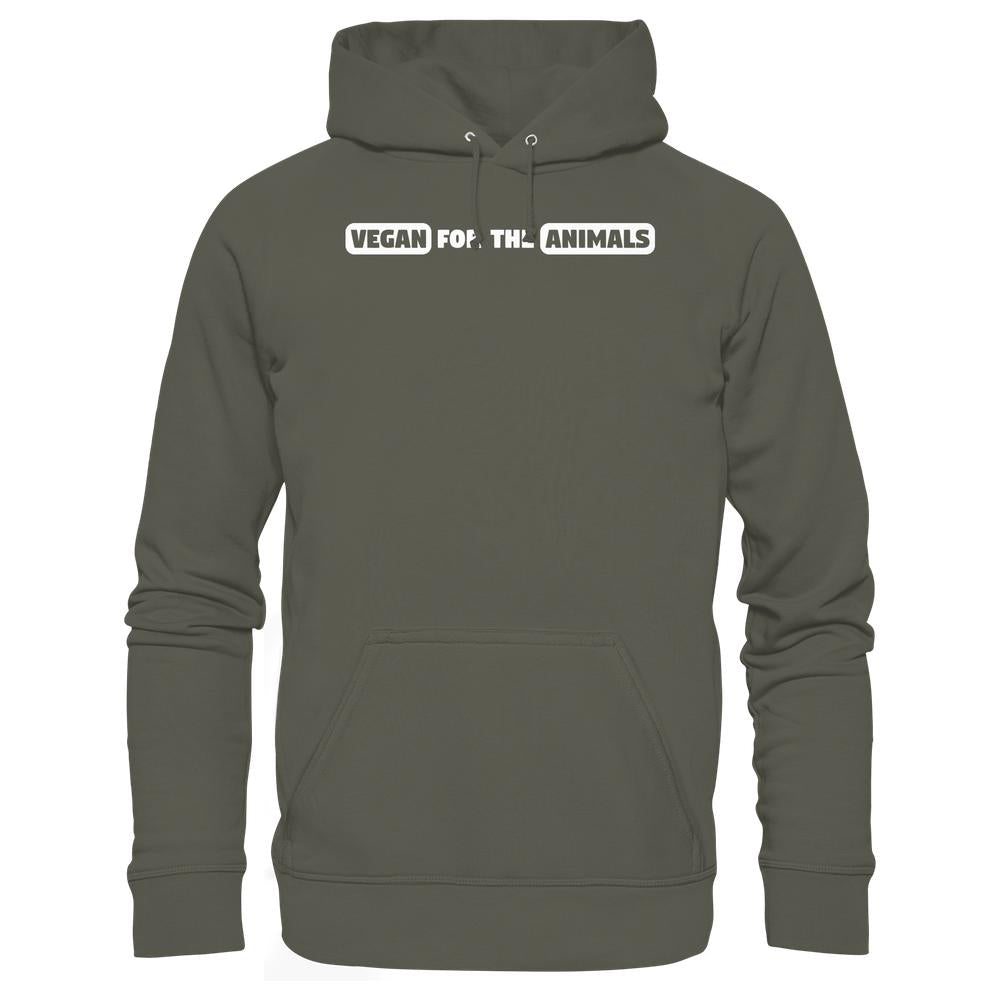 Vegan und Bio Hoodie: VEGAN FOR THE ANIMALS Edition 2 mit Kängurutasche und Kapuze, verkörpert tierfreundliche und nachhaltige Mode.