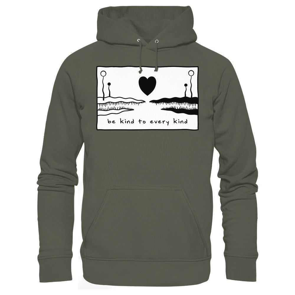 Vegan und Bio Unisex Hoodie: Be kind to every kind, mit abstraktem Grafikdesign und Slogan, aus Bio-Baumwolle und recyceltem Polyester, rebellisch-nachhaltig von RUDE REBEL.