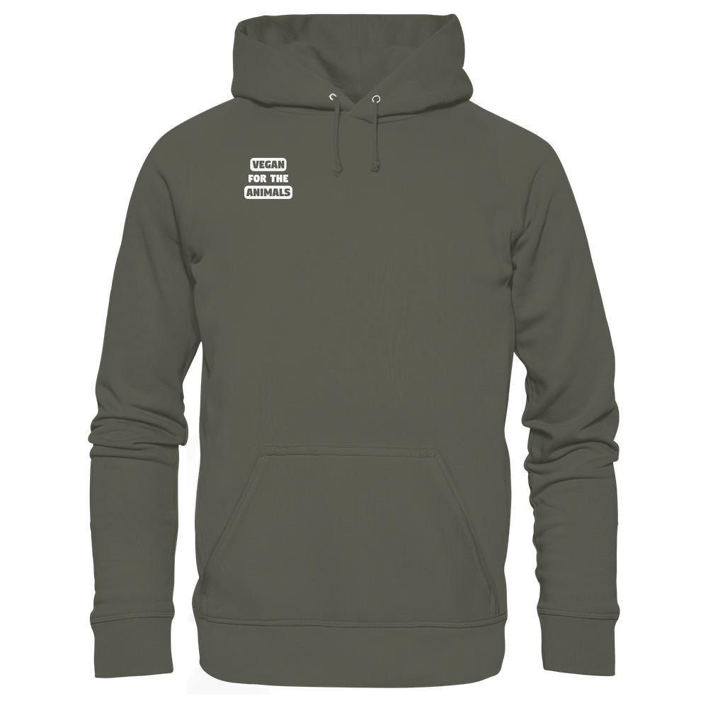 Vegan und Bio Hoodie: VEGAN FOR THE ANIMALS, Olivgrün, mit Kängurutasche und Kapuze, aus Bio-Baumwolle und recyceltem Polyester, rebellisches Design für Tierrechte.