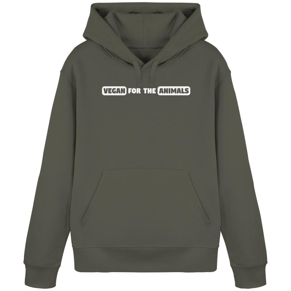 Olivegrüner Hoodie mit VEGAN FOR THE ANIMALS-Schriftzug, Kängurutasche und Kapuze. Aus Bio-Baumwolle und recyceltem Polyester, normale Passform. RUDE REBEL Design.