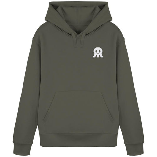 Olivegrüner Hoodie Vegan und Bio Hoodie bestickt: RUDE REBEL Skull mit Kängurutasche und kleinem weißen RR-Logo auf der Brust, ideal für nachhaltige Mode.