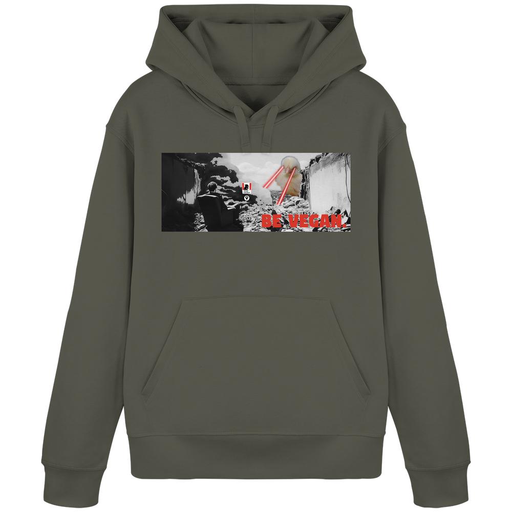 Vegan und Bio Hoodie: BE VEGAN mit grafischem Motiv eines sitzenden Menschen, Atompilz und Comic-Wolke mit Laseraugen, Kängurutasche und Bio-Baumwolle.