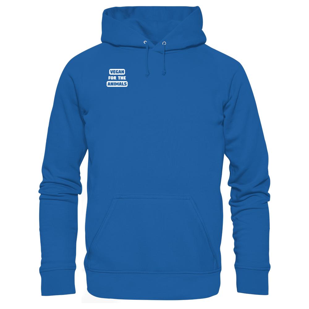 Vegan und Bio Hoodie: VEGAN FOR THE ANIMALS, blauer Kapuzenpullover mit Kängurutasche, weißem Logo auf der Brust, aus Bio-Baumwolle und recyceltem Polyester, normale Passform.