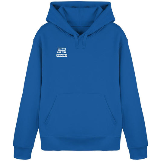 Vegan und Bio Hoodie: VEGAN FOR THE ANIMALS in Blau mit Kängurutasche und Kapuze, Logo auf der Brust. Hergestellt aus Bio-Baumwolle und recyceltem Polyester.