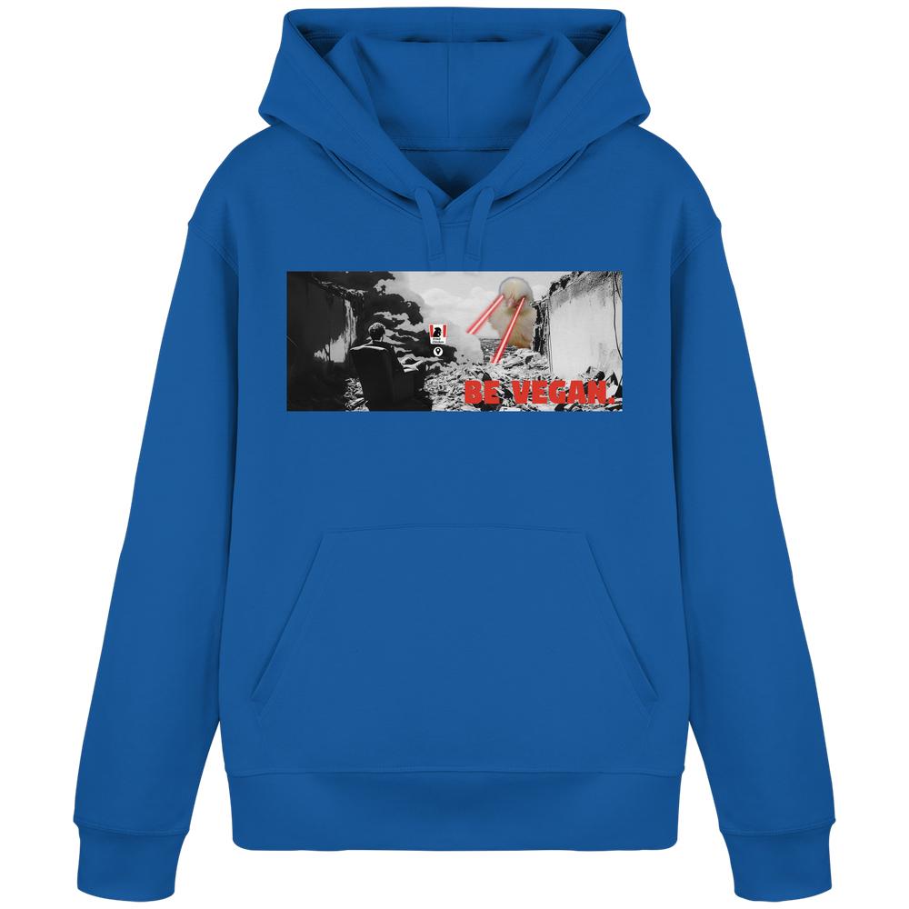Vegan und Bio Hoodie: BE VEGAN. - Angry bird. Surreales Design mit Vegan-Botschaft, Mann in Ruinen, fliegende Augen, auf royalblauer Bio-Baumwoll-Pullover.