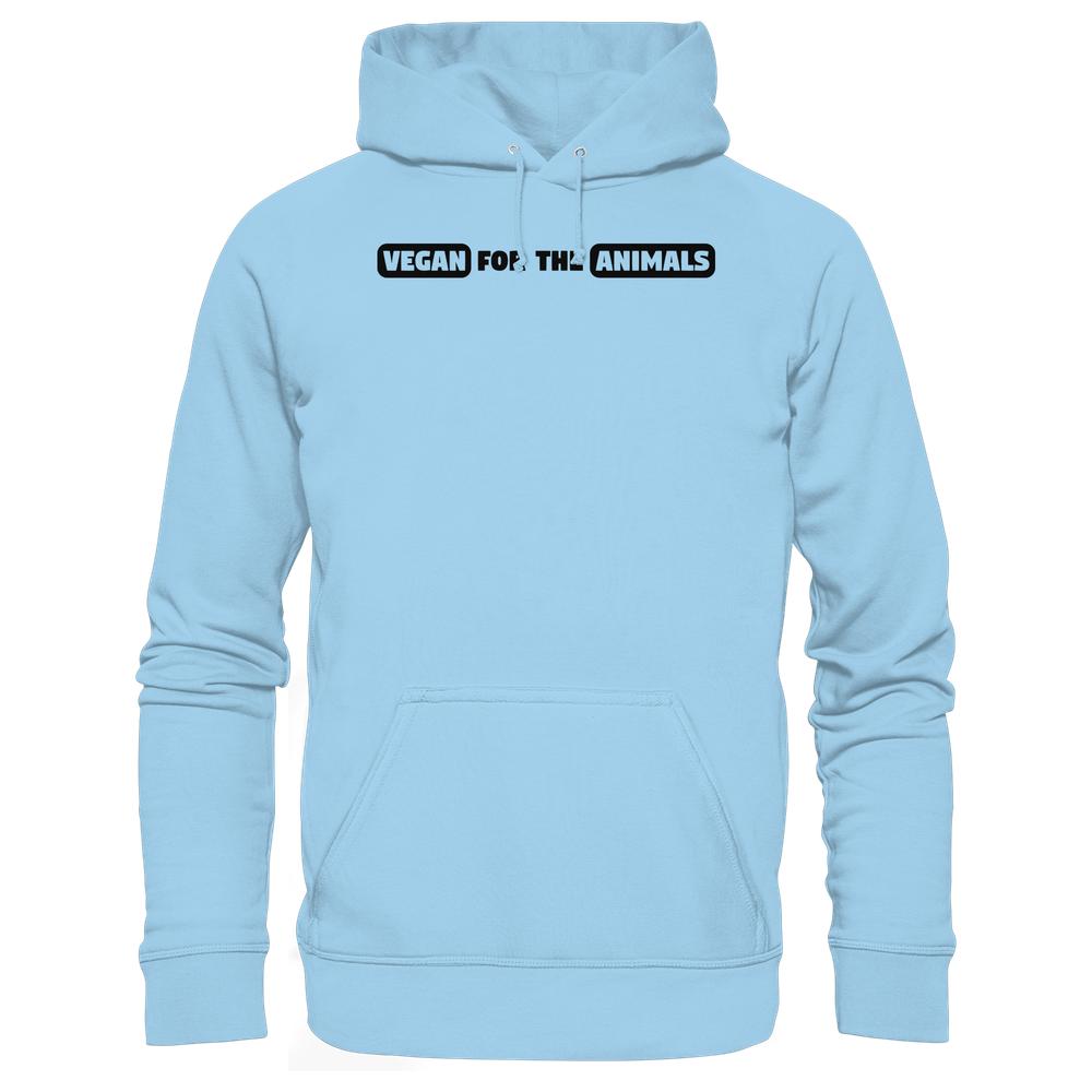 Vegan und Bio Hoodie: VEGAN FOR THE ANIMALS Edition 2, hellblau mit Kapuze und Kängurutasche, Slogan auf der Brust, nachhaltige Materialien, normale Passform.