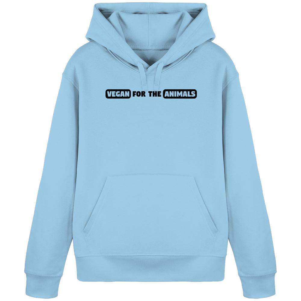 Light-blauer Hoodie mit VEGAN FOR THE ANIMALS-Slogan, Kängurutasche, Bio-Baumwolle und recyceltem Polyester von RUDE REBEL. Vegane und nachhaltige Mode mit Tierrechtsfokus.