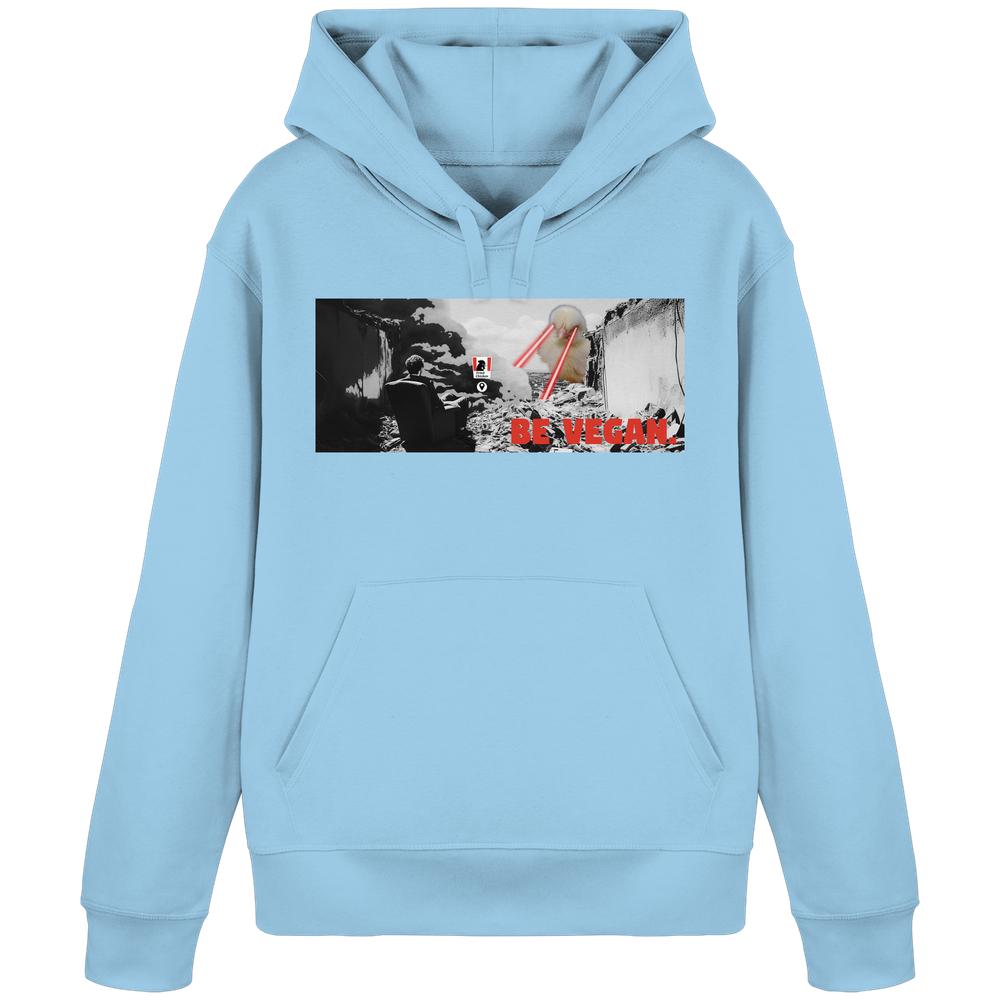 Vegan und Bio Hoodie: BE VEGAN. - Angry bird - Hellblauer Hoodie mit post-apokalyptischem Grafikmotiv und BE VEGAN Schriftzug, Kängurutasche, nachhaltige Materialien.