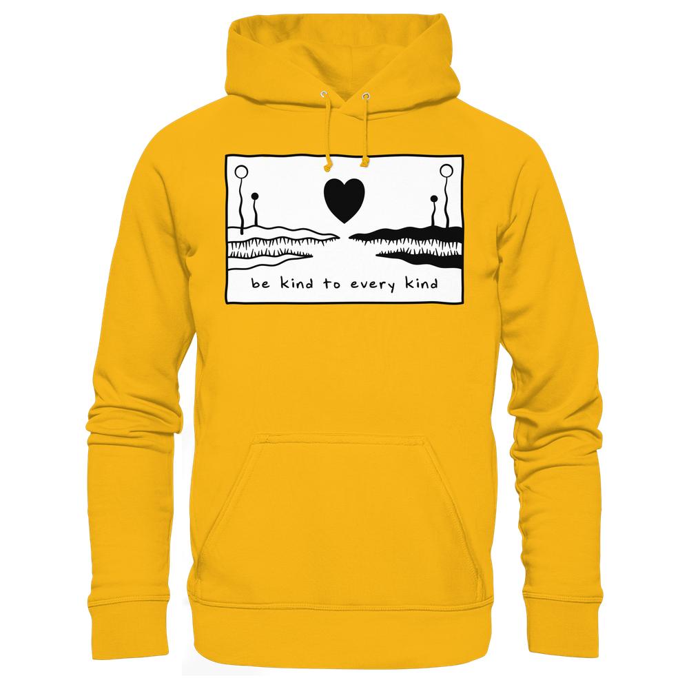 Vegan und Bio Unisex Hoodie Be kind to every kind mit abstraktem Grafikdruck, bestehend aus zwei Formen und einem Herz, auf der Brust.