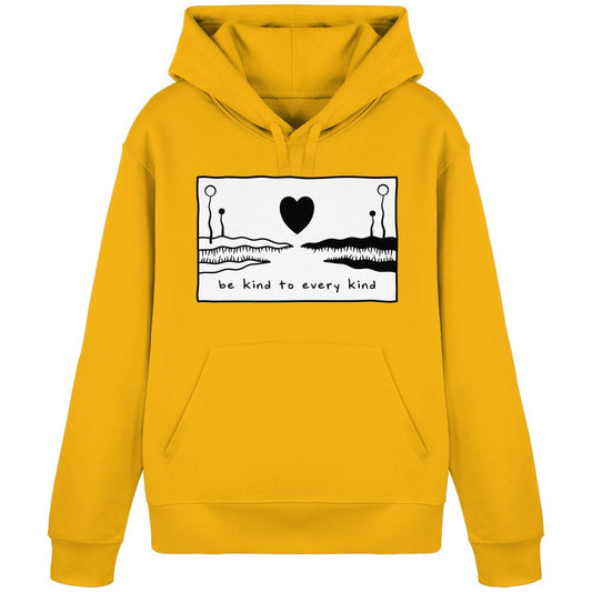 Vegan und Bio Unisex Hoodie: Be kind to every kind, mit schwarzem Skizzenmotiv und Motto, Kängurutasche, aus Bio-Baumwolle und recyceltem Polyester, rebellisches Design für Tierrechte.