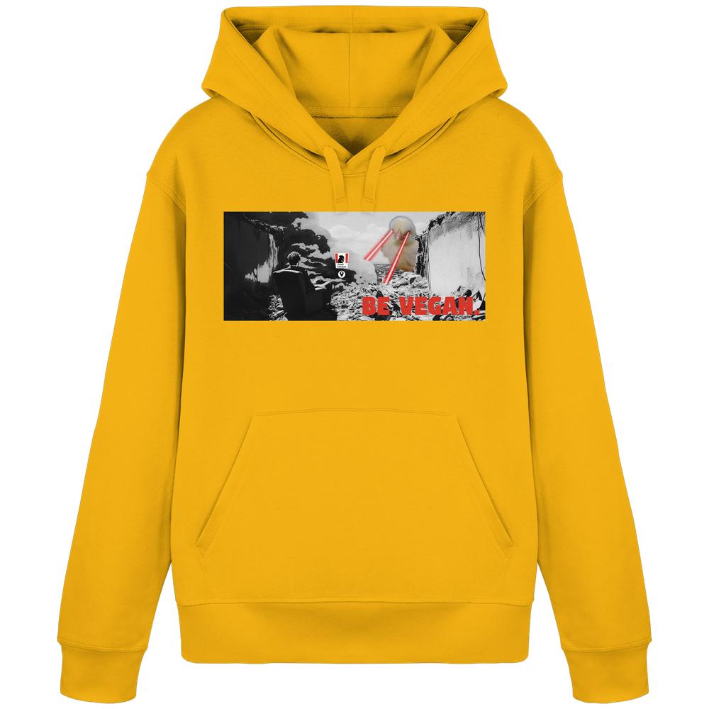 Vegan und Bio Hoodie: BE VEGAN mit Kängurutasche, zeigt ruinöse Landschaft und sitzende Figur, die roten Laserstrahlen aus einer Kugel beobachtet.