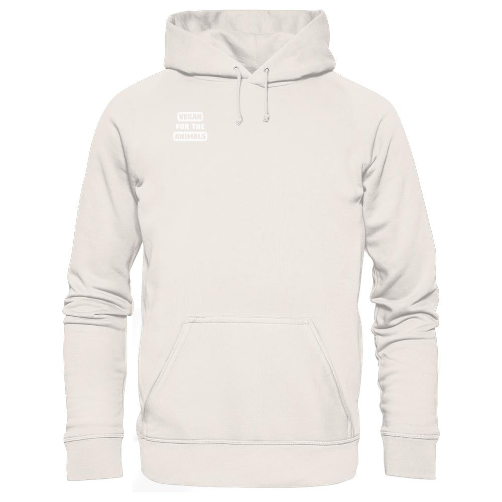 Vegan und Bio Hoodie: VEGAN FOR THE ANIMALS, mit Kängurutasche und Kapuze, betont Tierrechte. Hergestellt aus Bio-Baumwolle und recyceltem Polyester.