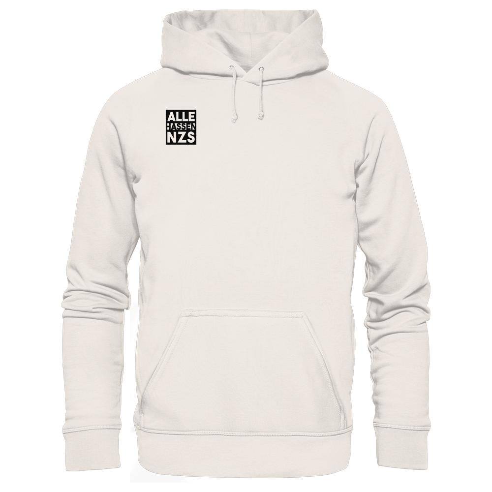 Vegan und Bio Hoodie: ALLE HASSEN NZS! mit Kängurutasche und Kapuze, kleines schwarzes Grafik-Detail auf der Brust, aus nachhaltigen Materialien gefertigt.