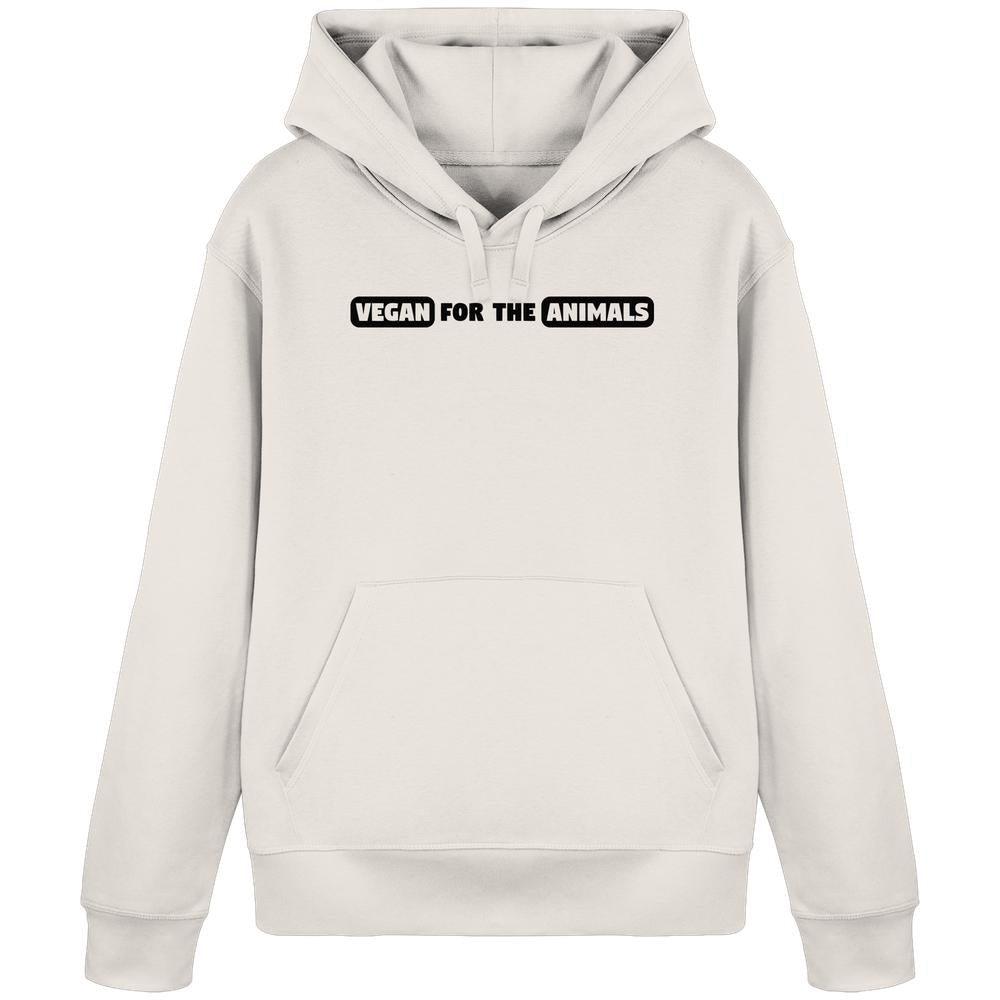 Vegan und Bio Hoodie: VEGAN FOR THE ANIMALS Edition 2, leichter Hoodie mit Kängurutasche, Kapuze und schwarzem Slogan-Aufdruck, ideal für tierfreundlichen, nachhaltigen Stil.
