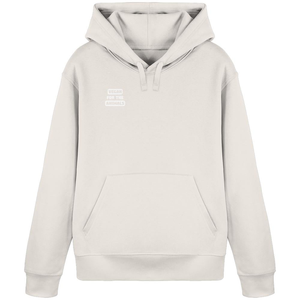 Vegan und Bio Hoodie: VEGAN FOR THE ANIMALS, mit Kapuze, Kängurutasche und dezentem Brustdruck, aus Bio-Baumwolle und recyceltem Polyester.