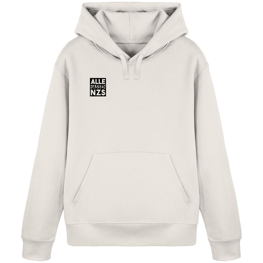 Vegan und Bio Hoodie: ALLE HASSEN NZS! Hellbeige, mit Kängurutasche, Kapuze mit Kordeln, schwarzem Print links auf der Brust. Hergestellt aus Bio-Baumwolle und recyceltem Polyester.