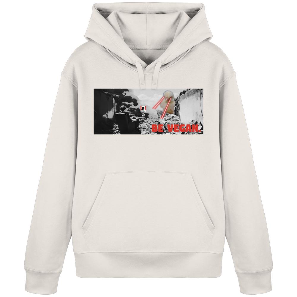 Vegan und Bio Hoodie: BE VEGAN. - Angry bird, zeigt Landschaft mit Anzugträger und riesigem Hundekopf, BE VEGAN in Rot, aus Bio-Baumwolle und recyceltem Polyester.