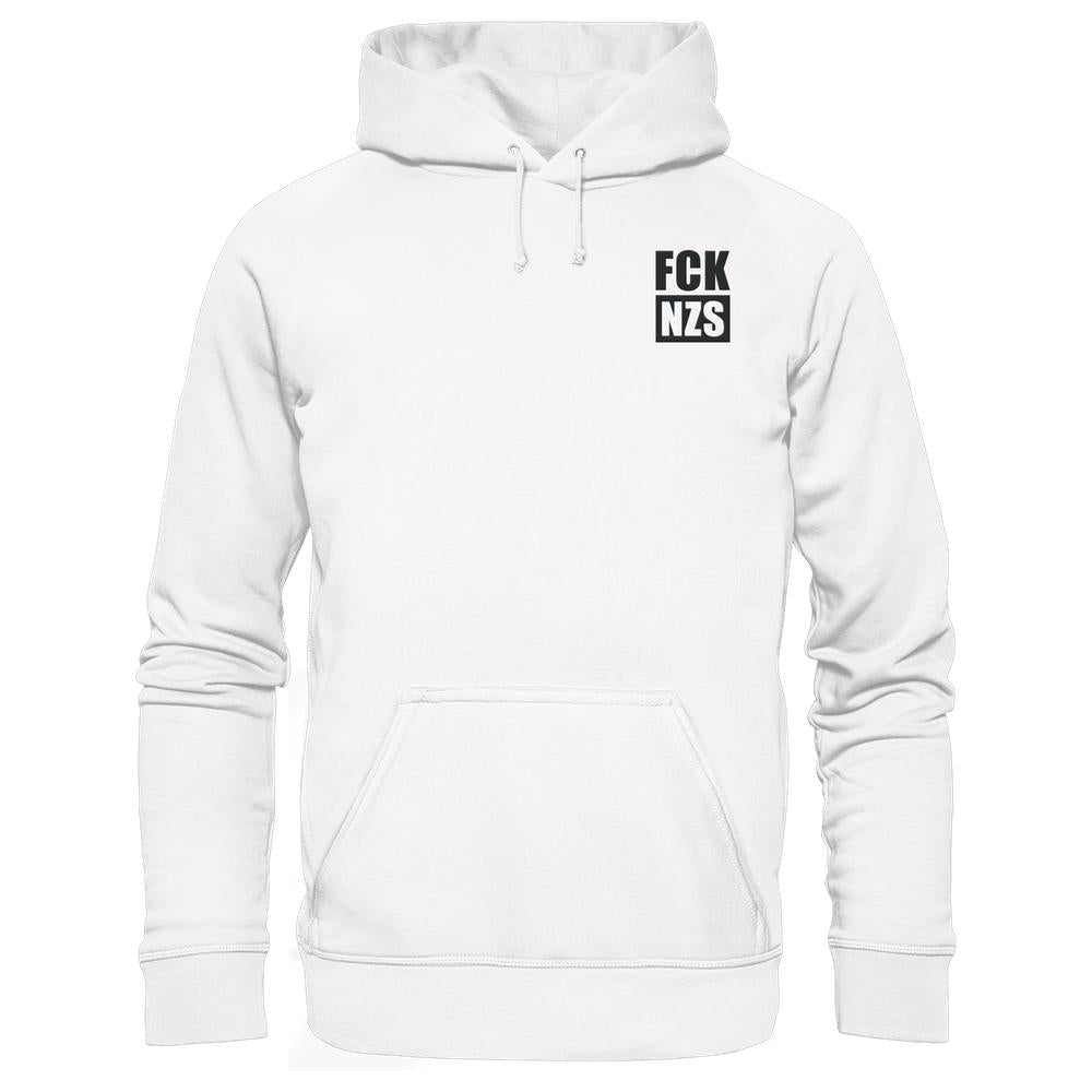 Vegan und Bio Hoodie bestickt: FCK NZS - Organic Basic Hoodie mit kleinem Slogan auf der Brust, Kängurutasche, Kordelkapuze, aus Bio-Baumwolle und recyceltem Polyester.