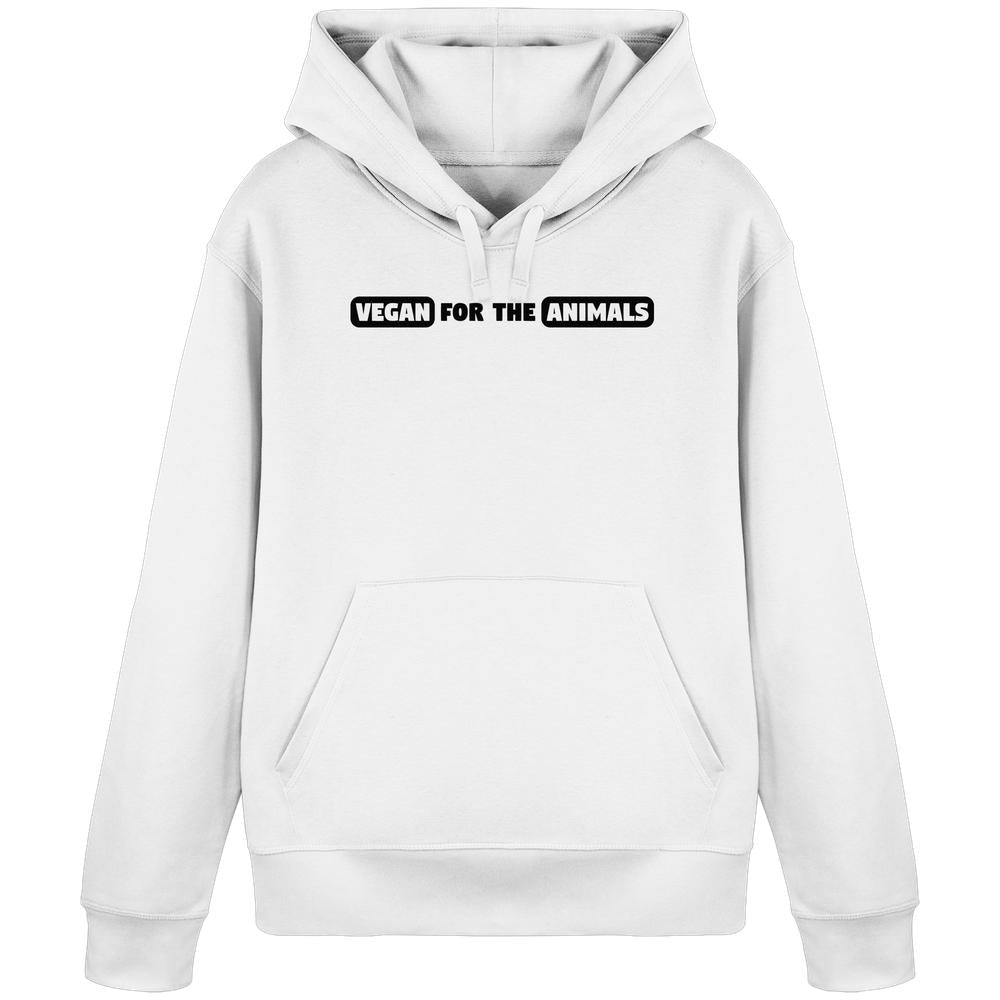 Vegan und Bio Hoodie: VEGAN FOR THE ANIMALS Edition 2, weiß mit Kängurutasche, schwarzer Slogan, nachhaltige Materialien, normaler Schnitt. Perfekt für tierfreundliche Mode.