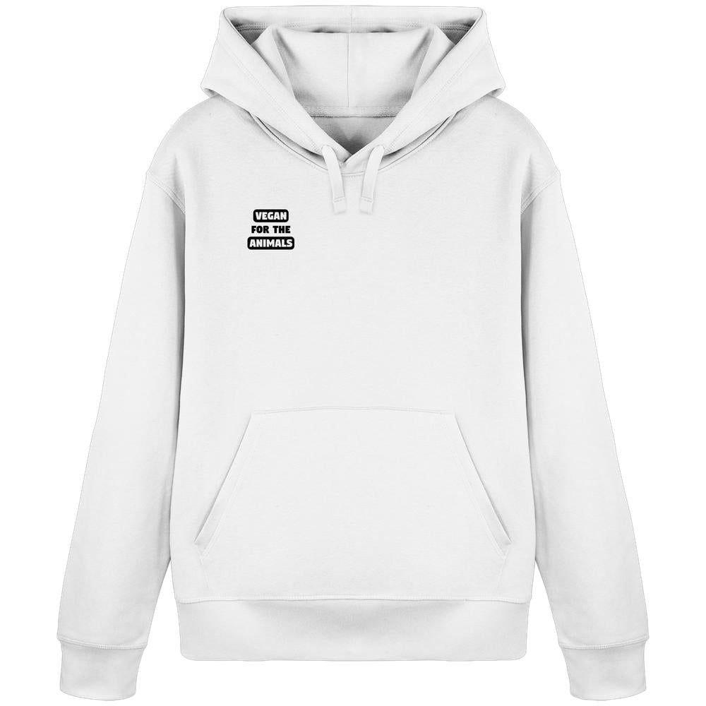 Weißer Hoodie mit Kängurutasche, Aufschrift „VEGAN FOR THE ANIMALS“ auf der Brust. Nachhaltiges Design aus Bio-Baumwolle und recyceltem Polyester von RUDE REBEL.
