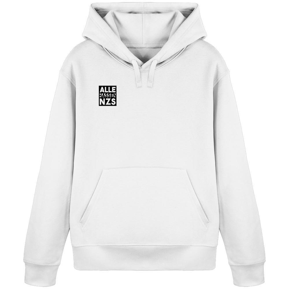 Vegan und Bio Hoodie: ALLE HASSEN NZS!, weiß, mit Kapuze und Kängurutasche, enthält schwarzes Brustmotiv. Nachhaltig hergestellt aus Biobaumwolle und recyceltem Polyester.