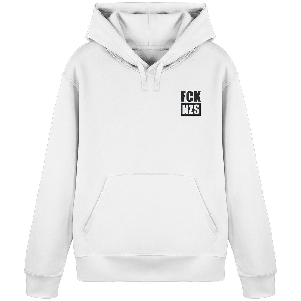Vegan und Bio Hoodie bestickt: FCK NZS - Organic Basic Hoodie mit Kängurutasche, Flatlock-Steppnähten, und schwarzen Print auf der linken Brust.
