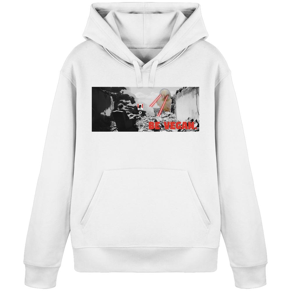 Vegan und Bio Hoodie: BE VEGAN. - Weißer Hoodie mit Grafik eines Menschen vor einem riesigen Laseraugen-Stier, roter Schriftzug „BE VEGAN.“