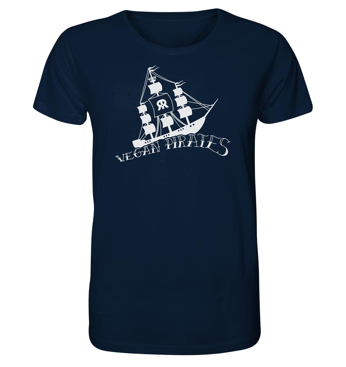 Vegan und Bio Unisex Shirt: Vegan Pirates, blaues Shirt mit weißem Segelschiff-Design, aus 100 % Bio-Baumwolle, normaler Schnitt, von RUDE REBEL.