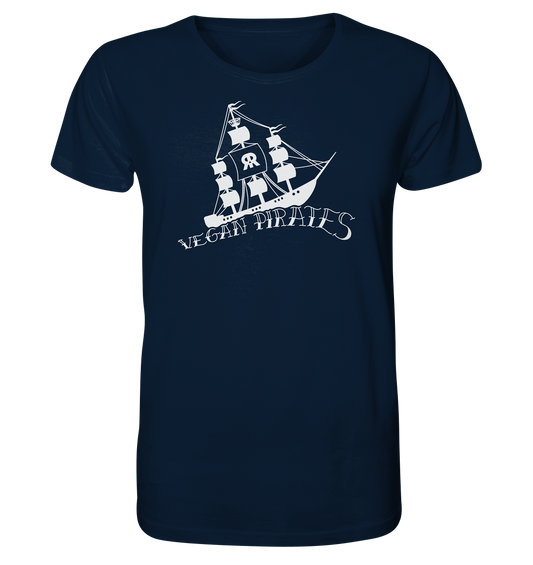 Vegan & Organic Unisex Shirt: Vegan Pirates (Piratenschiff und Oldschool Schriftzug, Tierrechte, plantbased) in Dunkelblau