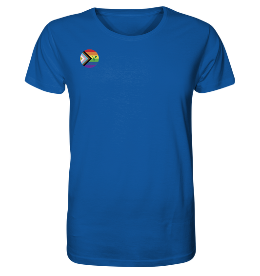 Vegan & Organic Unisex Shirt: LGBTQAI+ VEGAN (Queer Fahne in Kreisform und ein V für Veganismus, Solidarität, Veganismus, LGBTQ Community) in blau