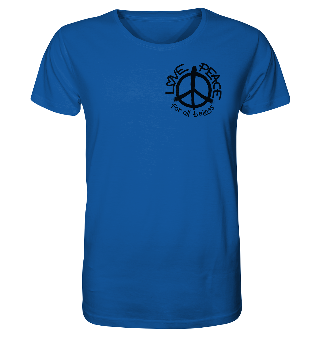 Vegan & Organic Unisex Shirt: LOVE and PEACE for all beings (Peace-Zeichen und Schrift darum, Graffiti, Hippie) in hellblau