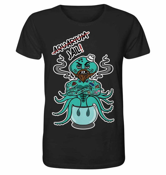 Unisex-Shirt mit Cartoon-Oktopus, betont Tierrechte. Aus Bio-Baumwolle, vegan und umweltfreundlich produziert. Setzt Statement gegen Aquarien als Gefängnisse.