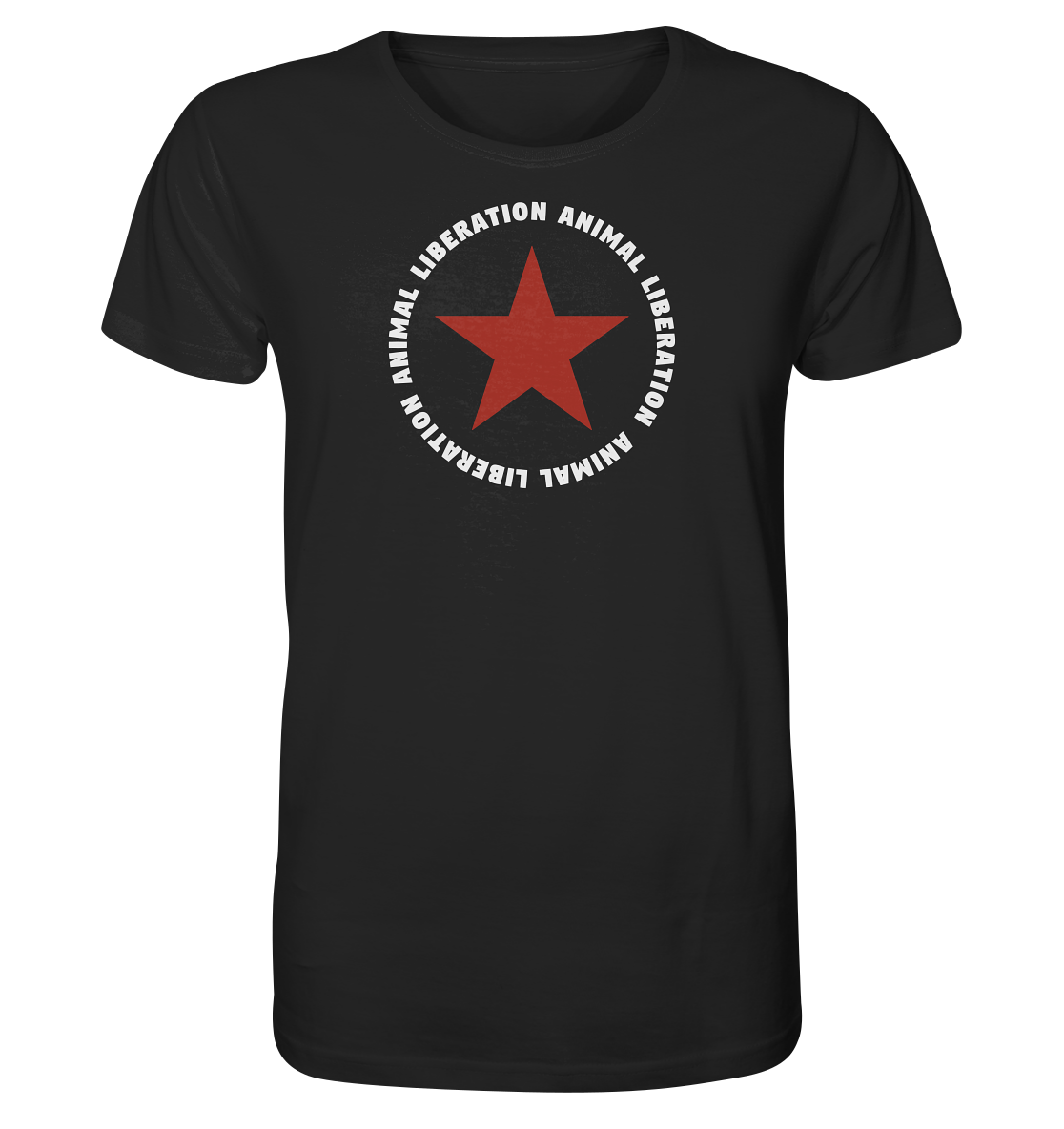 Vegan & Organic Unisex Shirt: Red Star and Animal Liberation (bedruckt mit großem roten Stern und Schriftzug darum, Vegan Merch, Veganismus, Animal Rights) in schwarz