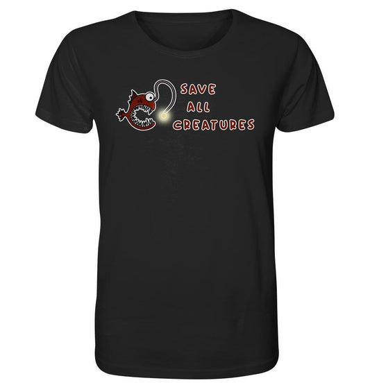 Vegan und Bio Unisex Shirt: Weird Frogfish, zeigt einen roten Anglerfisch mit Leuchtkörper, aus umweltfreundlicher Bio-Baumwolle, für den Schutz aller Lebewesen.