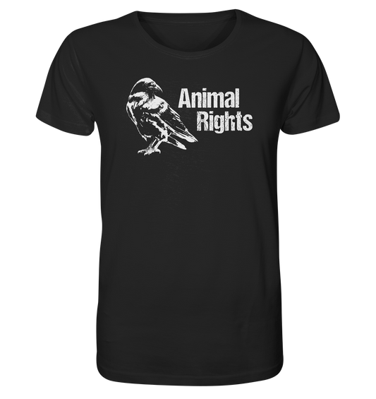 Vegan & Organic Unisex Shirt: Raven - Animal Rights (bedruckt mit Rabe im Schwellenwert - Stil und der Aufschrift "Animal Rights", Tierschutz, Tierrechte, Aktivismus) in der Farbe schwarz