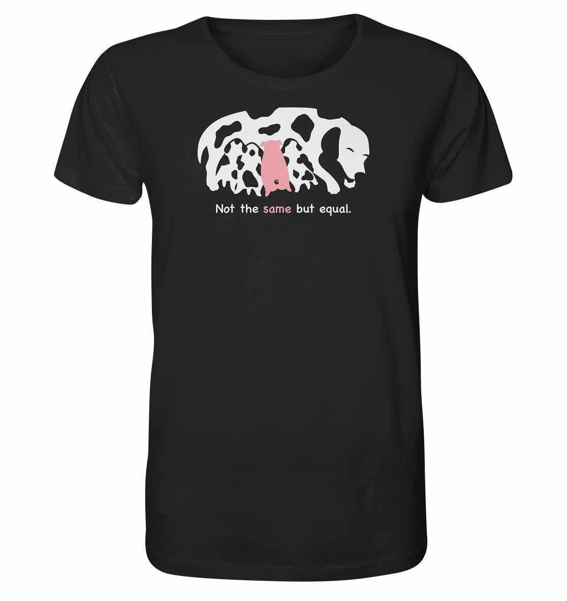 Vegan und Bio Unisex Shirt mit Tiergleichheitsmotiv: Ein Hund adoptiert ein Ferkel, zeigt Liebe und Schutz. Hergestellt aus biologischer Baumwolle.