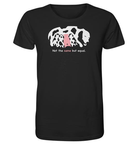 Vegan & Organic Unisex Shirt: Animal equality (Hundemama stillt Welpen und ein Ferkel, Hunde sind weiß mit Flecken, das Ferkel ist rosa, darunter Schriftzug in weiß und rosa) auf schwarz