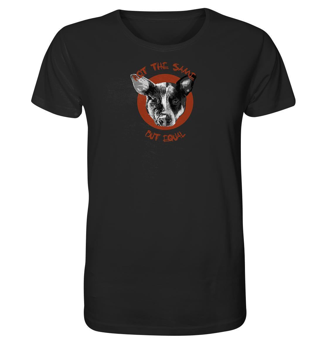 Vegan und Bio Unisex Shirt mit Hund-Motiv, symbolisiert Gleichheit von Tieren, aus 100% Bio-Baumwolle, normaler Schnitt, von RUDE REBEL.