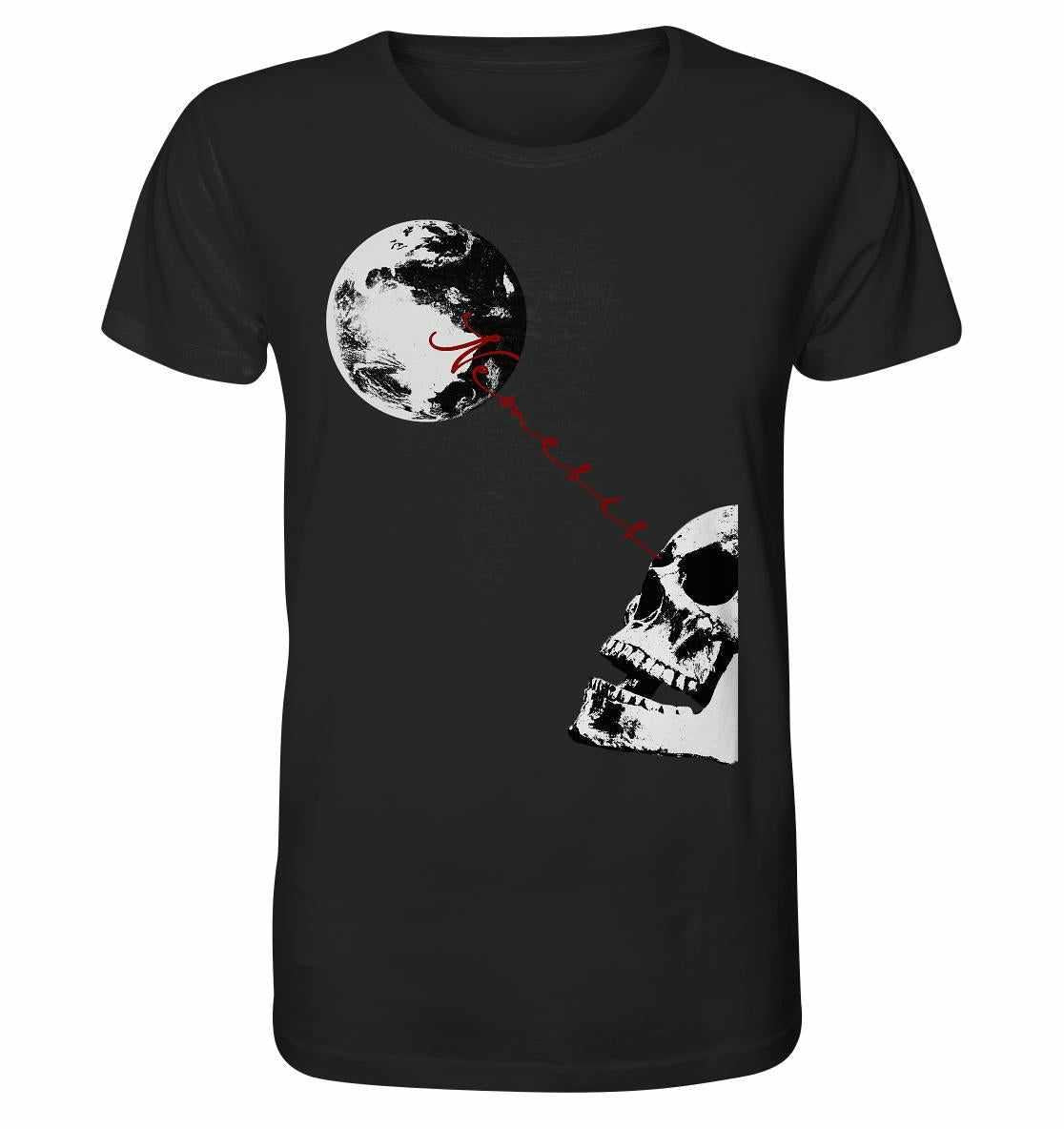 Vegan und Bio Unisex Shirt: Nemesis mit dystopischer digitaler Collage aus Bio-Baumwolle, zeigt Schädel und Mond, ideal für düstere, nachhaltige Mode.