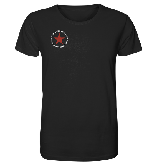 Vegan & Organic Unisex Shirt: Red Star with Animal Liberation (bedruckt mit großem roten Stern und Schriftzug darum, Vegan Merch, Veganismus, Animal Rights) in schwarz